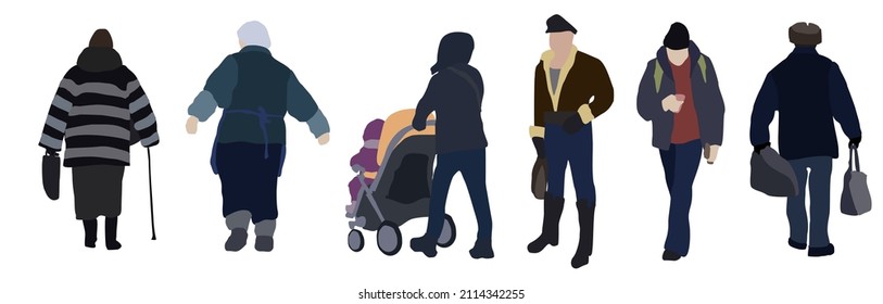 Montaje de imágenes de diferentes personas con ropa de invierno. Infografía plana de la ciudad