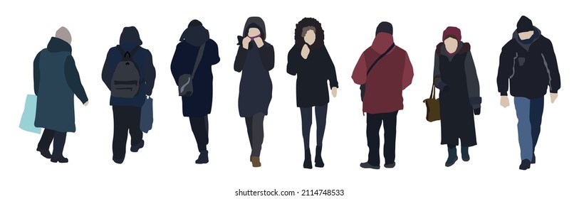 Set of images of different people in winter clothes. City flat infographic