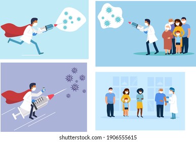 Set of images of Doctor Saves helps people, family, elderly, children, adults to defeat the global virus, pandemic. A vaccine for the coronavirus. The concept of immunity protection. Vector
