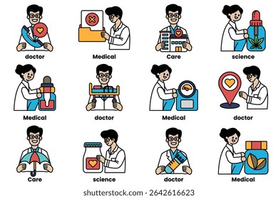 A set of images of doctors and medical professionals. The images include a doctor holding a clipboard, a doctor holding a stethoscope, a doctor holding a syringe, and a doctor holding a bottle