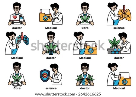 A set of images of doctors and medical professionals. The images are of people holding medical items such as stethoscopes, and some are holding plants. The images are arranged in a grid