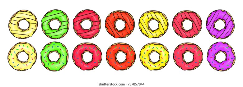 Set of images donuts. Pink, green, yellow. Element of design, sketch for packaging, advertising, printed products. Donut icon. Vector EPS 10
