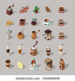 set of images drawn in isometric. Cup of coffee, grain, coffee pot, cow grinder, expresso, cake 