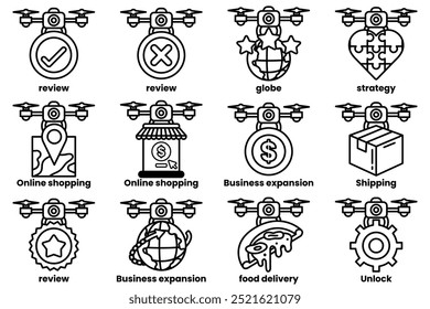 A set of images of drones with various items on them, including a book, a pizza, a shopping cart, and a suitcase