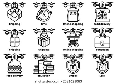 A set of images of drones with various items on them, including a book, a pizza, a shopping cart, and a suitcase