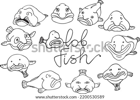Set of images of drop fish on a white background. Funny fish faces. Different emotions. The freehand drawing has been converted into a vector.