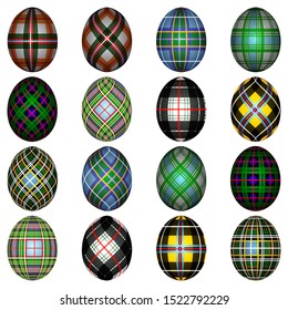 A set of images of Easter eggs painted in the colors of some British district tartans
