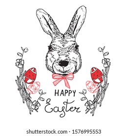 Set of images for Easter. Hare, rabbit, eggs, branch, flowers, inscription, spring.