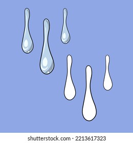 A set of images, elongated water droplets, a jet of water, a vector illustration in cartoon style on a colored background