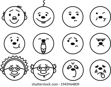 Set with images of emotions on the faces of cartoon characters. Graphic laconic drawing is isolated on a transparent background. Vector illustration