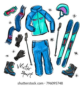 A set of images of equipment for skiing and winter extreme.