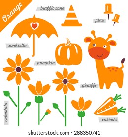 Set Of Images As Examples Of Orange Color, For Kids, Educational Purposes, Illustrations, Page Of Color Book, Pumpkin, Giraffe, Umbrella, Pins, Traffic Cone, Carrots, Calendula, Flower