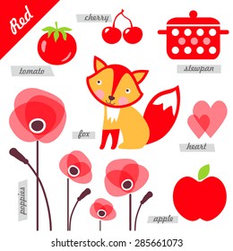 set of images as examples of red color, for kids, educational purposes, illustrations, page