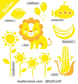 set of images as examples of yellow color, for kids, educational purposes, illustrations