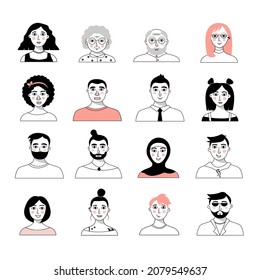 A set of images of faces of stylized modern people of different nations and gender, and age. Vector graphics, line art.