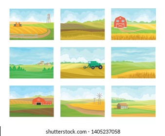 Set of images of farm equipment and buildings in the field. Vector illustration on white background.