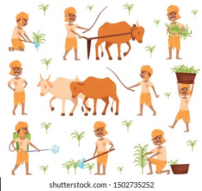 Set of images of a farmer in traditional Indian clothing. Vector illustration.