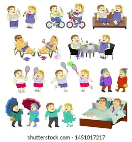Set of images - a fat couple boy and girl in different situations.