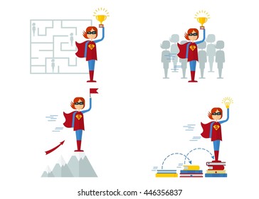 Set of images of female superhero. The characters on the theme of business, education, success, victory in the competition. Objects isolated on white background. Flat cartoon vector illustration.