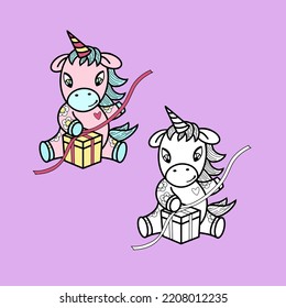 A set of images, a Festive Cute pink Unicorn with a gift box, a vector illustration in cartoon style on a colored background