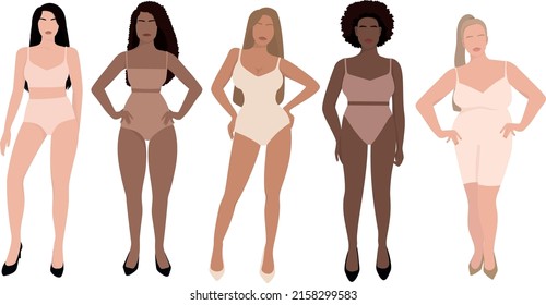 Un conjunto de imágenes de cinco niñas de diferente nacionalidad, raza y físico. 5 tipos de cifras. Chicas con diferentes tipos de ropa