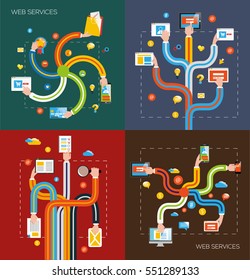 Set of the images. Flat Design Hands With Icons. Technology Concept. Vector Illustration.