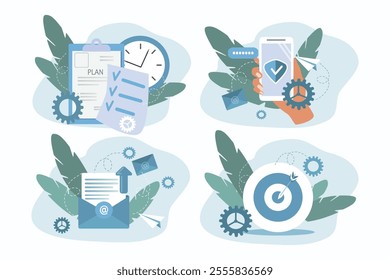 set of images in flat style on the topic of business, time management, goals