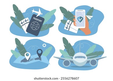 set of images in flat style on the theme of travel, ordering tickets