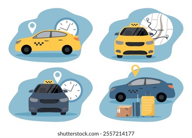 set of images in flat style on the theme of travel, ordering taxi