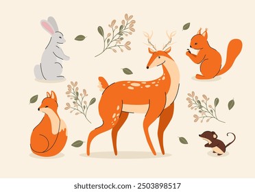 Set of images of forest animals. Deer, squirrel, fox, hare, mouse. Flat vector illustration.