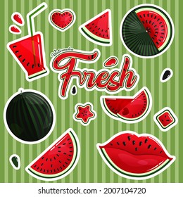 A set of images of fresh watermelon stickers. Bright mini illustrations of watermelon. Melon cocktail, round watermelon, slices and seeds of watermelon. The inscription is fresh melon.