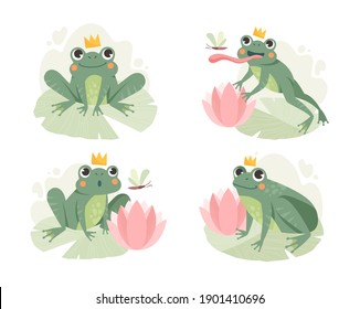 A set of images of a frog stalking and hunting a flying dragonfly. Set of flat cartoon vector illustrations isolated on white background