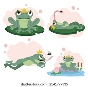 A set of images of a frog stalking and hunting a flying dragonfly. Set of flat cartoon vector illustrations isolated on white background.