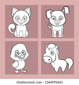 Set of images of funny animals: cat, dog, chicken, pony. White image on brown background.
