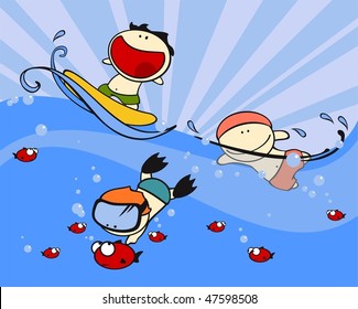 Set of images of funny kids #23, swimming theme