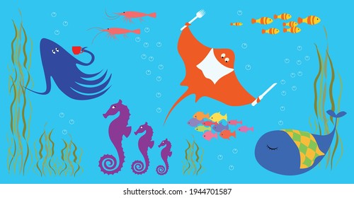 A set of images. Funny vector illustration, funny sea animals on a blue background, bright colors. The stingray eats lunch, the whale sleeps, the octopus drinks tea, fish and shrimps swim.