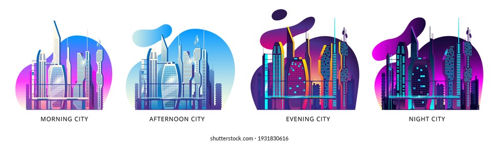 A set of images of a futuristic city at different times of the day. Full-color vector illustrations in fluid style.