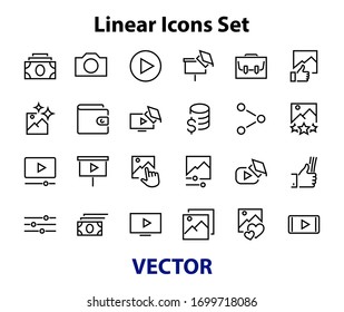 Set of Images Gallery vector line icons. Contains icons such as video, play video, edit images, Business Training, like photo. Editable stroke. Vector illustration.