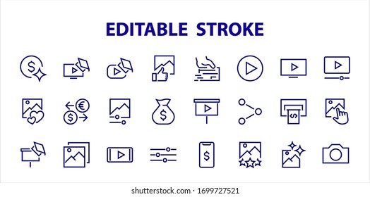 Set of Images Gallery vector line icons. Contains icons such as video, play video, edit images, Business Training, like photo. Editable stroke. Vector illustration.