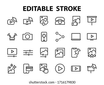 Set of Images Gallery vector line icons. Contains icons such as video, play video, edit images, Business Training, like photo. Editable stroke. Vector illustration.