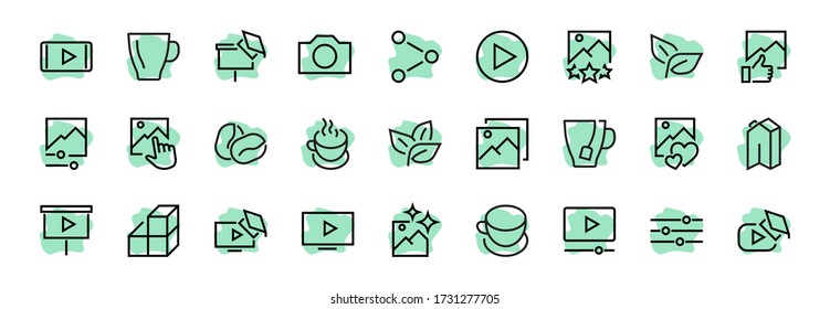 Set of Images Gallery vector line icons. Contains icons such as video, play video, edit images, Business Training, like photo. Editable stroke. Vector illustration.