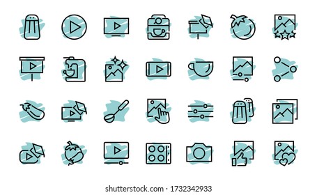 Set of Images Gallery vector line icons. Contains icons such as video, play video, edit images, Business Training, like photo. Editable stroke. Vector illustration.