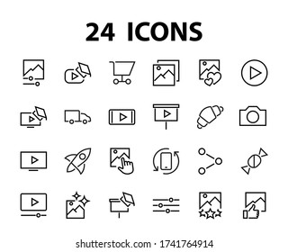 Set of Images Gallery vector line icons. Contains icons such as video, play video, edit images, Business Training, like photo. Editable stroke. Vector illustration.