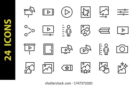 Set of Images Gallery vector line icons. Contains icons such as video, play video, edit images, Business Training, like photo. Editable stroke. Vector illustration.