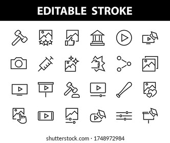 Set of Images Gallery vector line icons. Contains icons such as video, play video, edit images, Business Training, like photo. Editable stroke. Vector illustration.