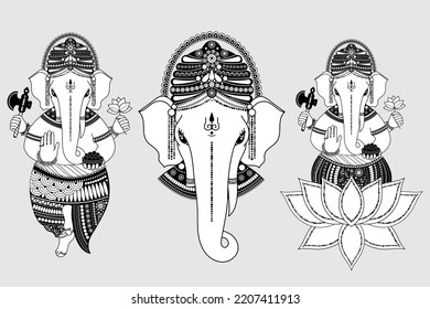 Conjunto de imágenes de Ganesha, o Ganapati, deidad india en el hindú, en loto, cabeza y en pleno crecimiento, ilustración vectorial en blanco y negro con contorno negro