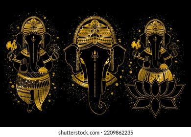 Set of images of Ganesha, or Ganapati, Indian deity in the Hindu, in lotus, head and in full growth, vector illustration in golden outline and splashes