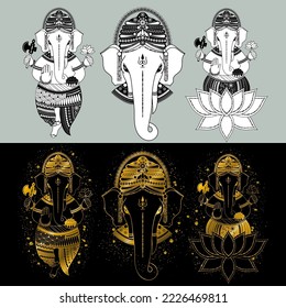 Conjunto de imágenes de Ganesha, o Ganapati, deidad india, en loto, cabeza y en pleno crecimiento, ilustración vectorial en contorno dorado y blanco y negro