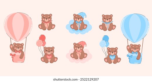 A set of images for a gender reveal party. Bears in pink and blue clothes with balls.