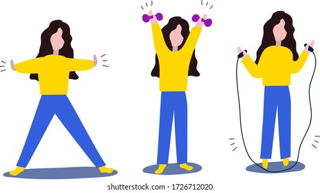 set of images. The girl is engaged in sports. The concept of home entertainment. Sports people.